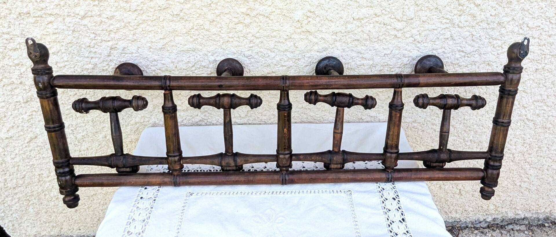 Antique wall coat rack, wooden turned bamboo, bistro 1900.