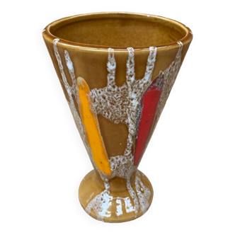 Ancien vase cornet flandre céramique beige & multicolore vintage