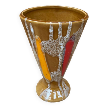 Ancien vase cornet flandre céramique beige & multicolore vintage