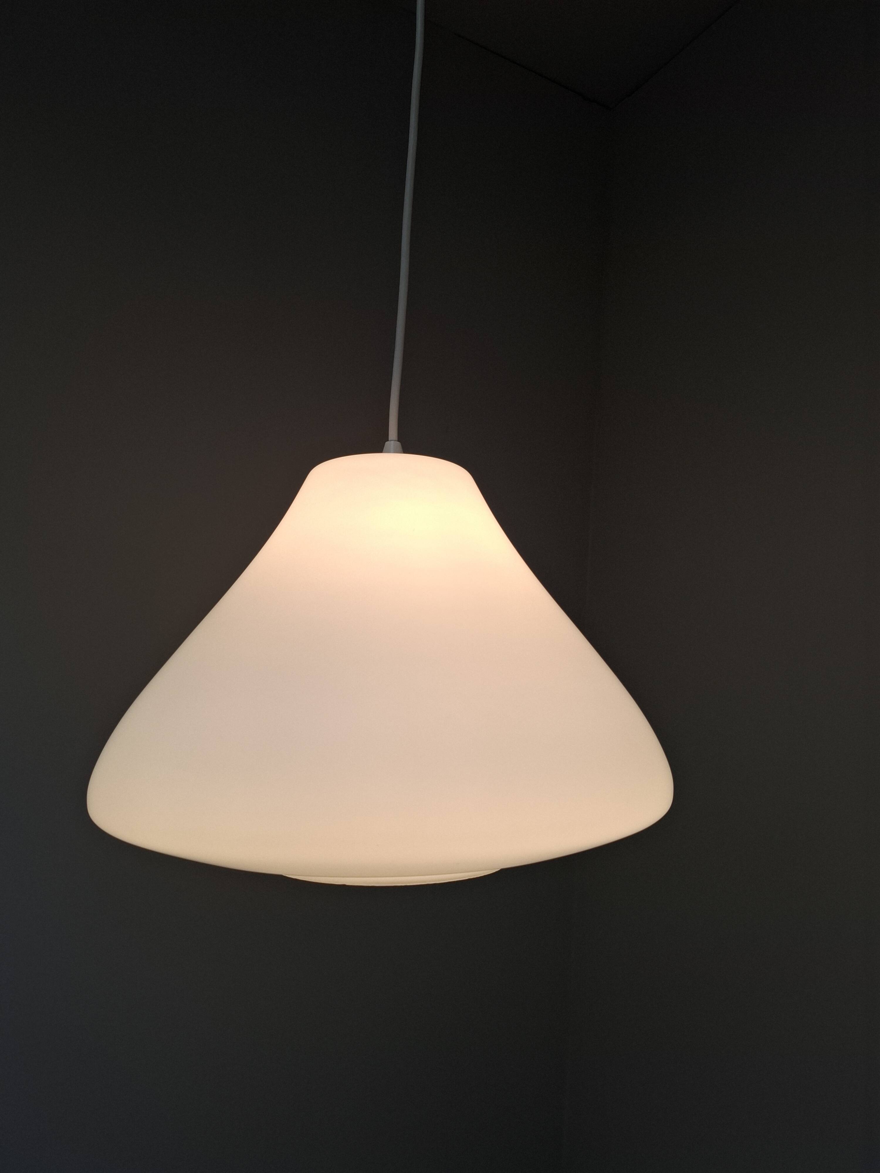 Czechoslovak Midcentury Modern Pendant Light in Opaline Glass and Plastic,