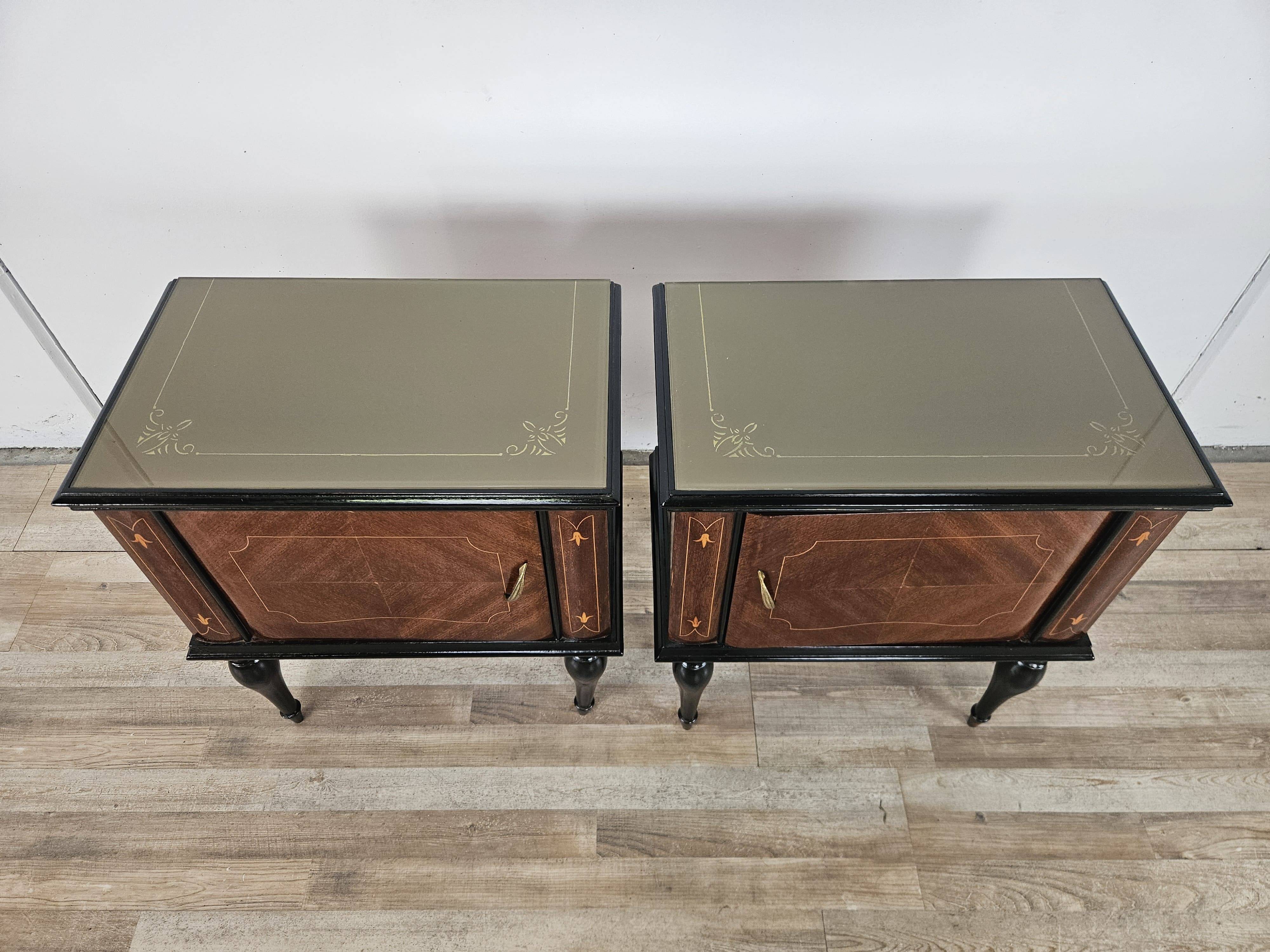 1960s mahogany burl nightstands with glass tops