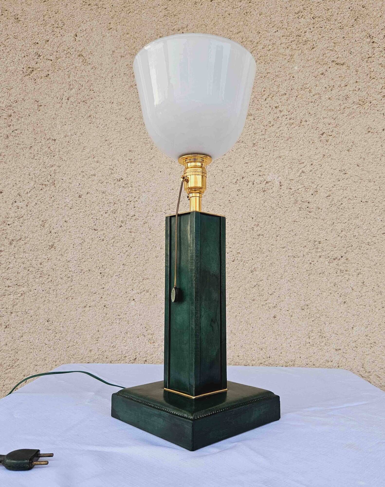 1940 Lamp Leather & Golden Brass Maison Chalmette in Paris Ht 55 cm