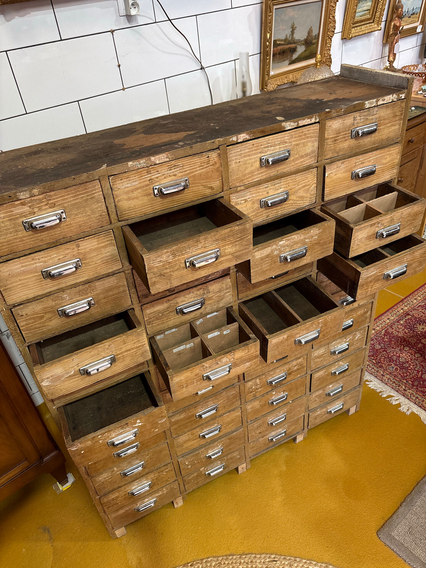 Large antique workshop cabinet with 44 drawers – patinated wood