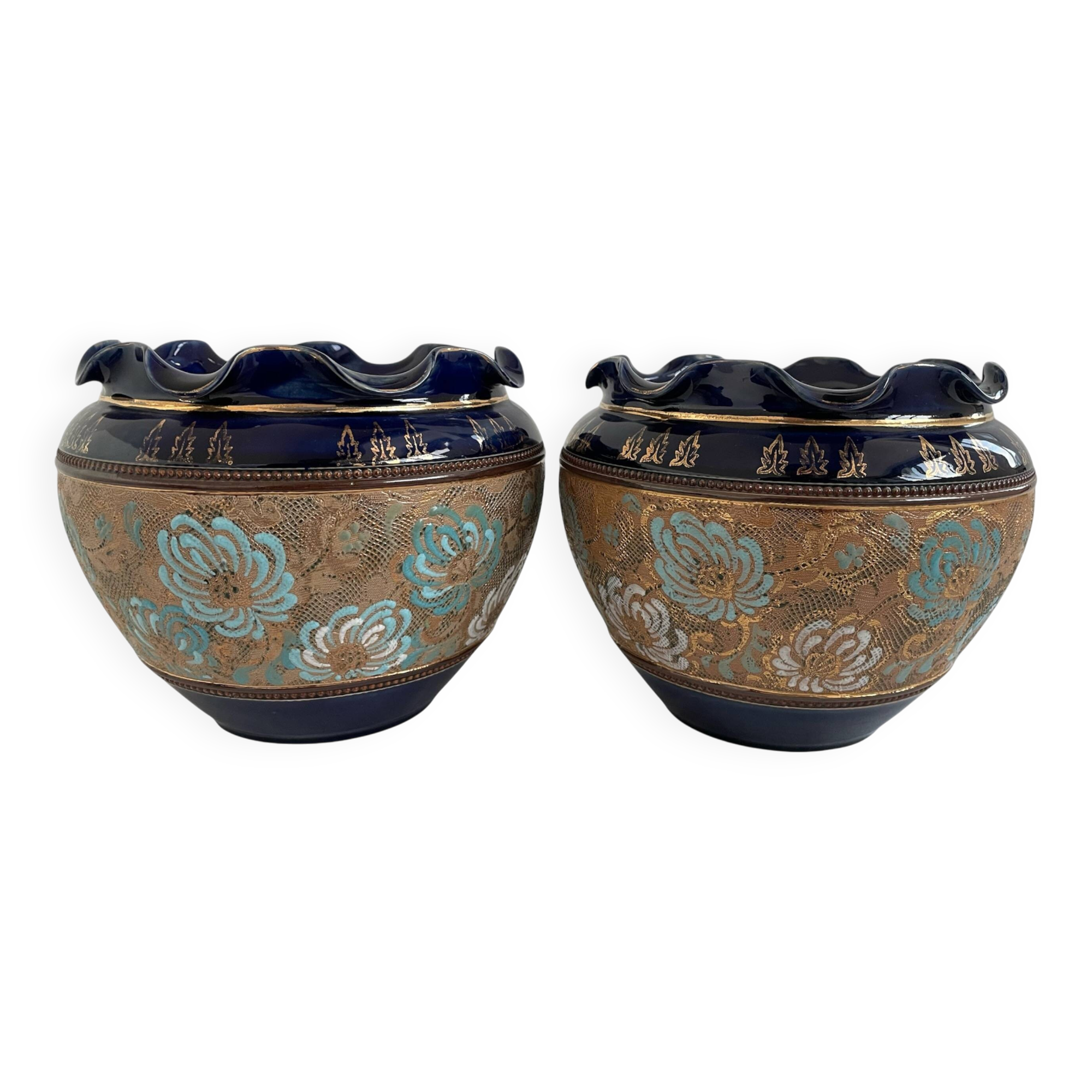 Pair, cache pots, royal doulton, english earthenware, 1920-1930, floral decoration, blue and gold, marks in