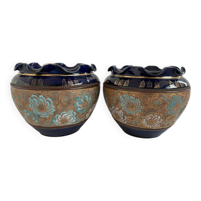 Paire, cache pots, royal doulton, faïence anglaise, 1920-1930, décor floral, bleu et or, marques en