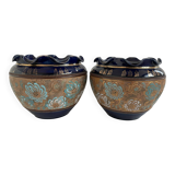 Pair, cache pots, royal doulton, english earthenware, 1920-1930, floral decoration, blue and gold, marks in