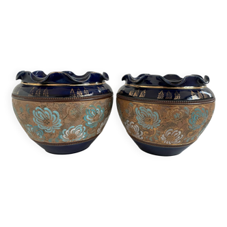 Paire, cache pots, royal doulton, faïence anglaise, 1920-1930, décor floral, bleu et or, marques en