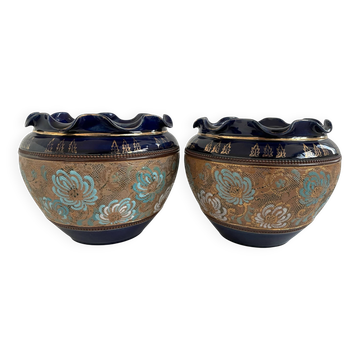 Pair, cache pots, royal doulton, english earthenware, 1920-1930, floral decoration, blue and gold, marks in