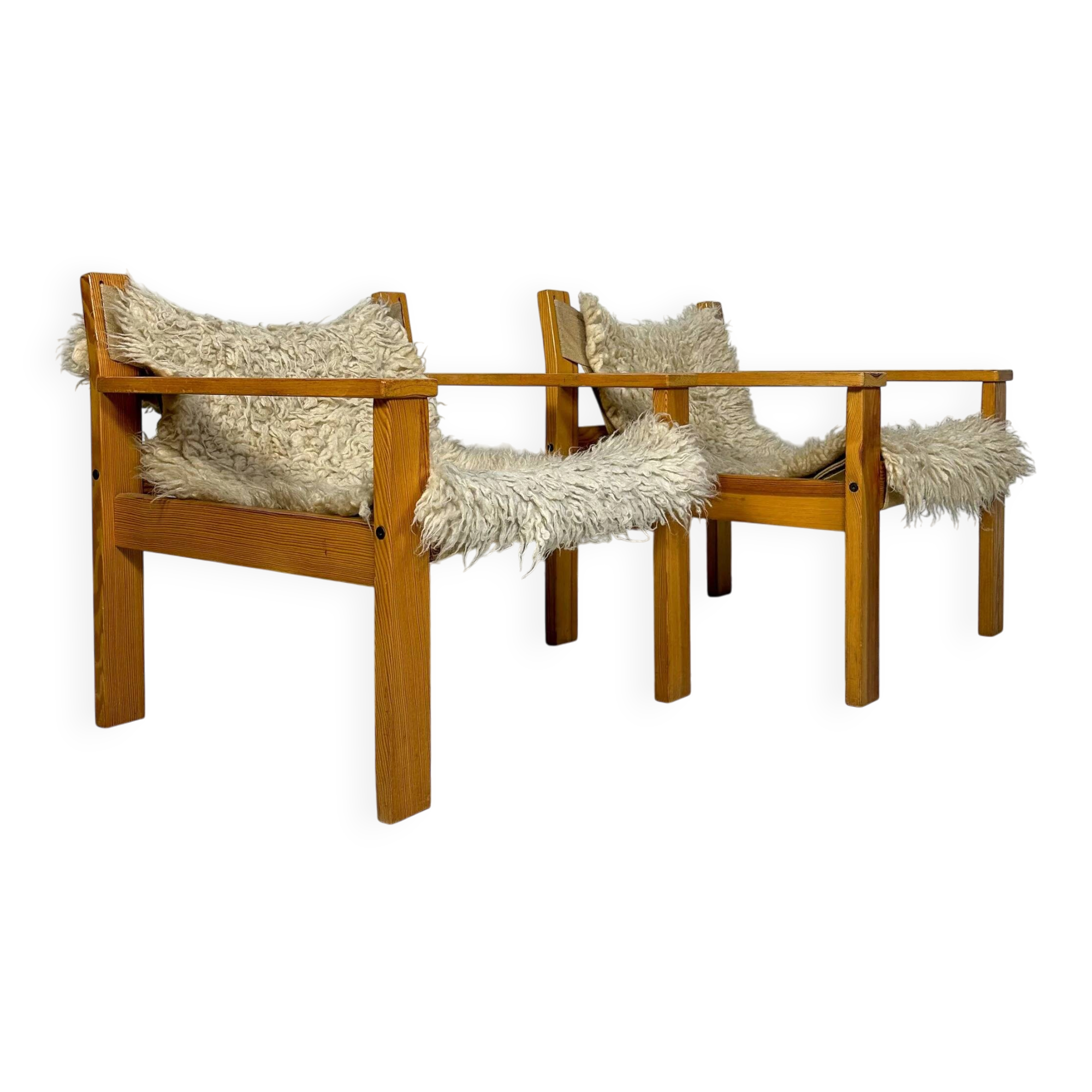 '70s set of 2 pine & canvas lounge chairs by Erik Wørts for IKEA