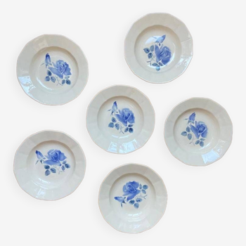 Set of 6 vintage Digoin soup plates, elegant stenciled blue rose pattern