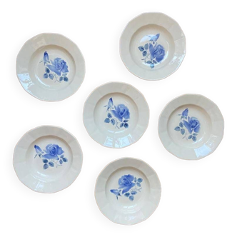 Set of 6 vintage Digoin soup plates, elegant stenciled blue rose pattern