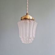 Pair of Art Deco Skyscraper-style pendant lights in frosted glass, 1920-30