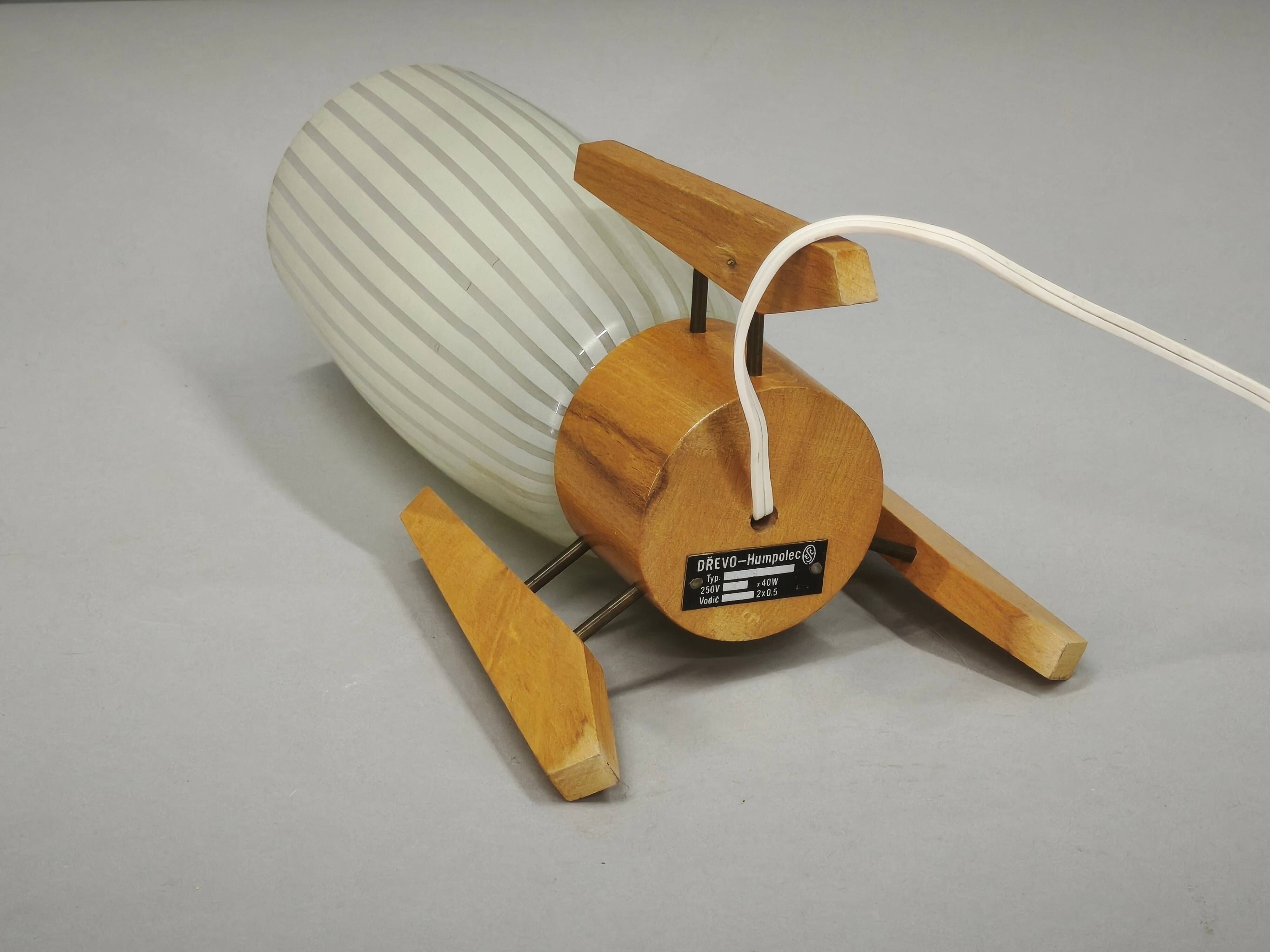 1970s Czech Mid-Century Glass and Wood Tripod Table Lamp by Dřevo Humpolec