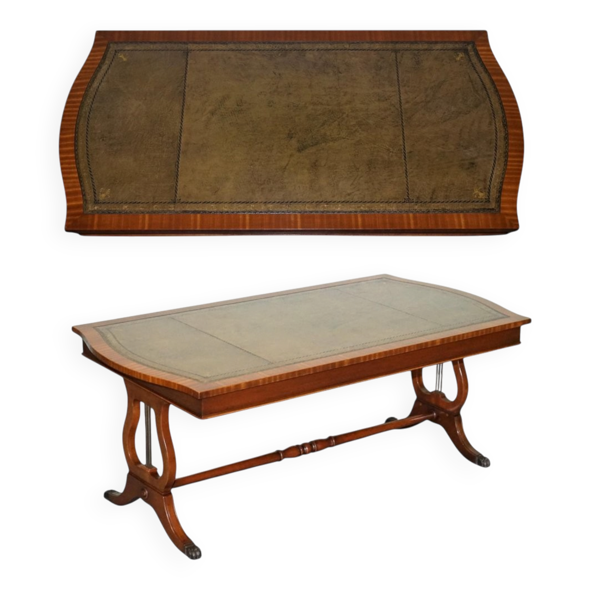Grande Table Basse Vintage en Cuir Vert Chasseur