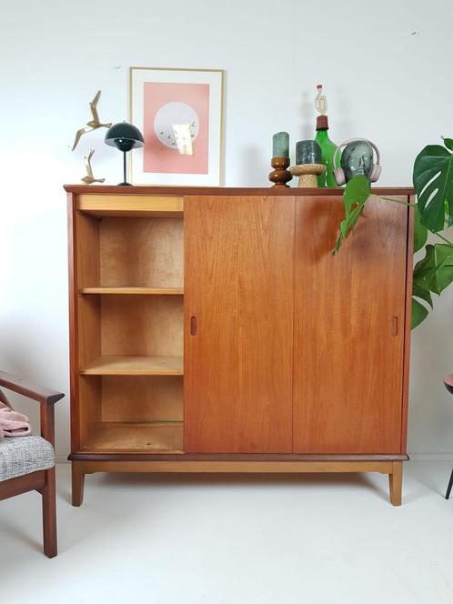 Sideboard high Danish teak veneer vintage sliding doors