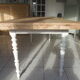 Farm table, leg and belt patinated pearl gray, wooden top.