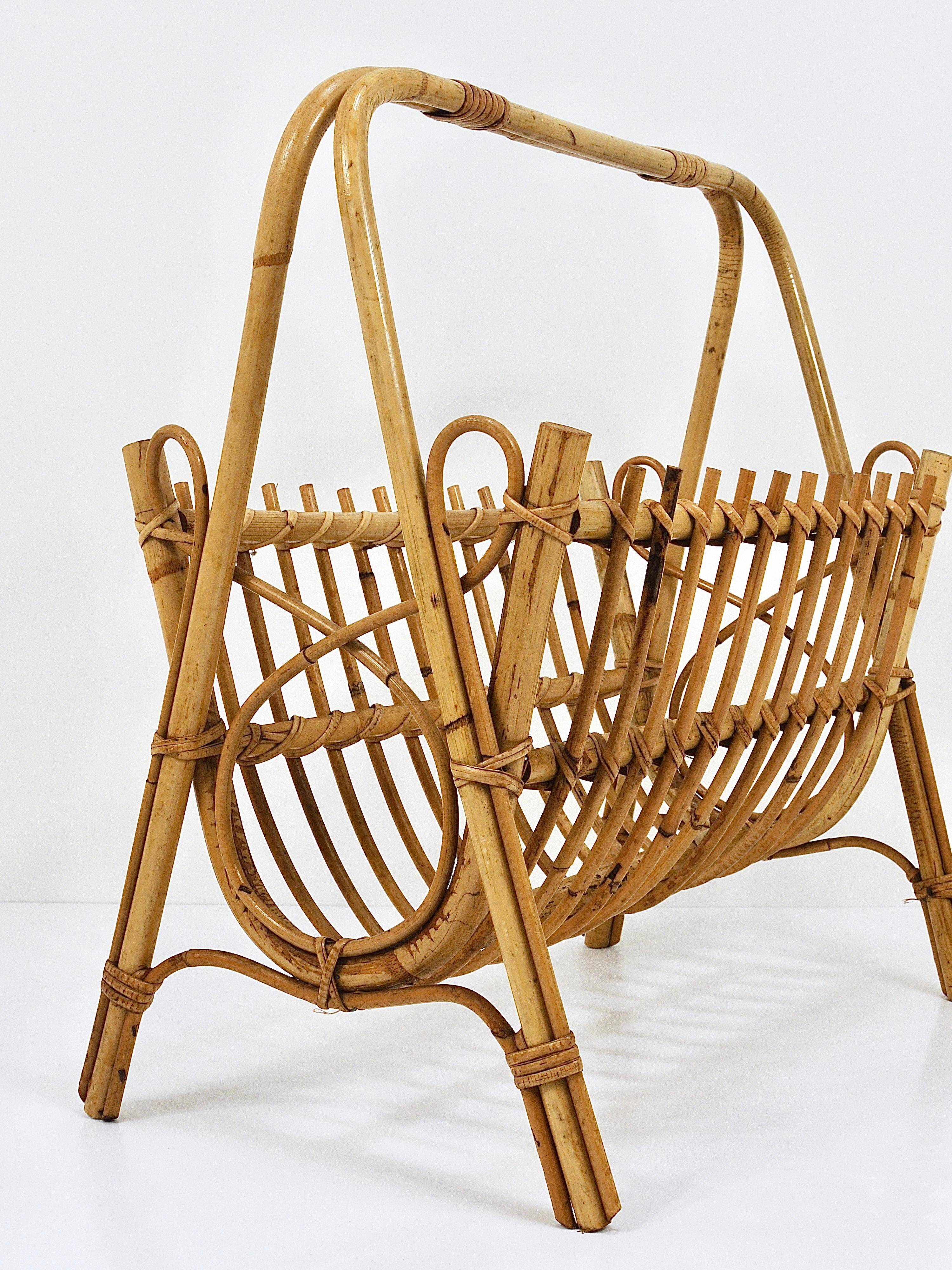 Bamboo and rattan magazine rack in the style of Franco Albini, Italy, 1950s.