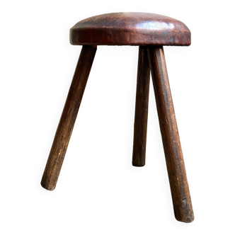 Tripod stool in dark wood and brown leather