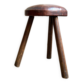 Tabouret tripode en bois foncé et cuir marron