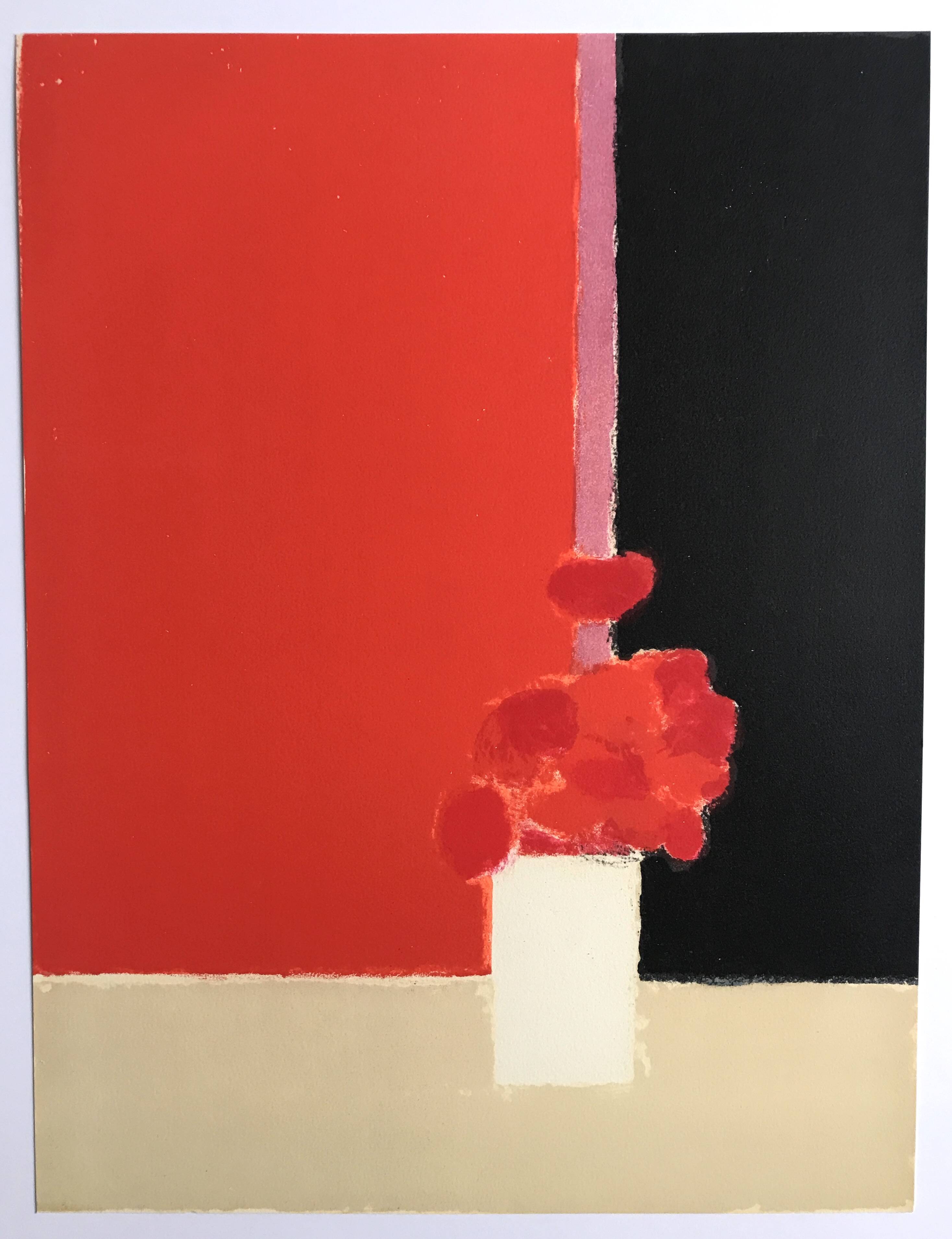 Original Tokonoma lithograph on a red and black background by Bernard Cathelin, 1988
