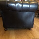 Canapé Chesterfield en cuir noir véritable 3 places