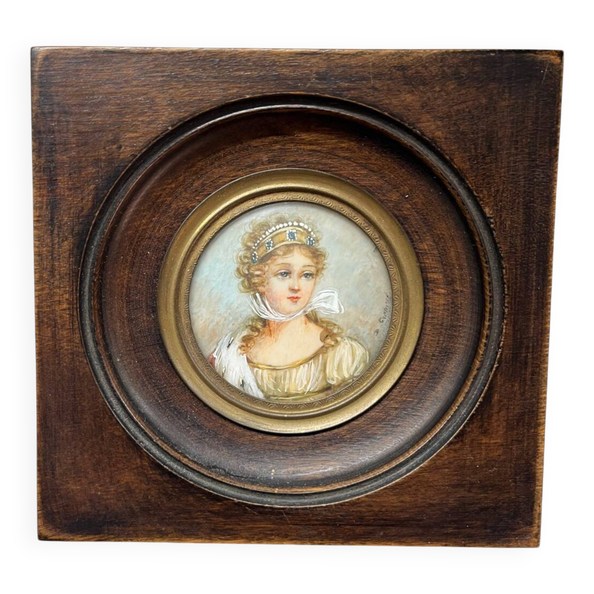Small antique miniature on organic support – Blackened wooden frame