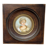 Small antique miniature on organic support – Blackened wooden frame