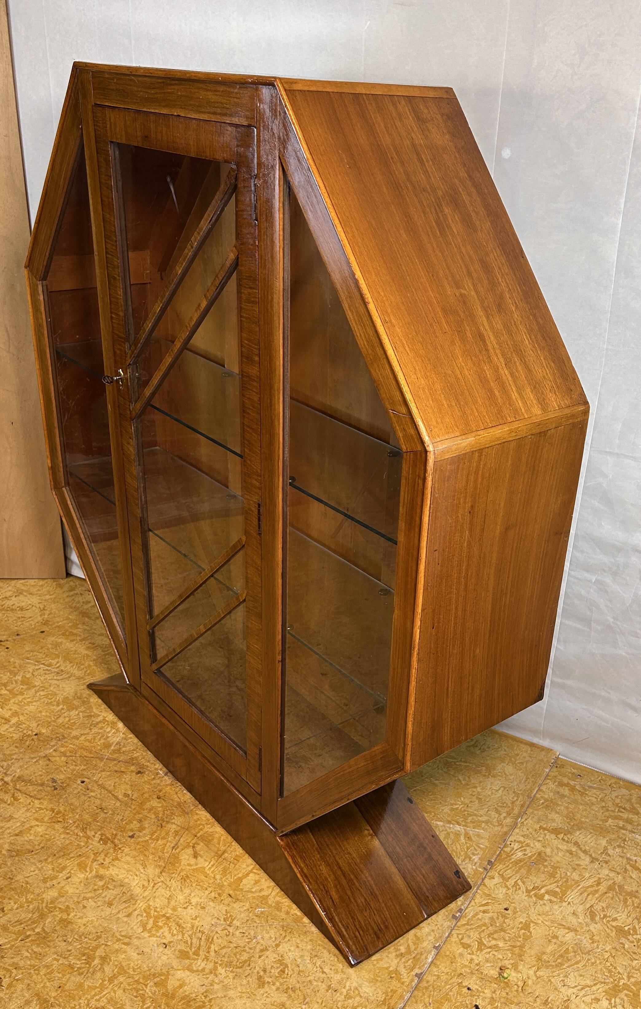 Art Deco Vintage Brocante Walnut Hexagonal Display Cabinet – 1920–1930