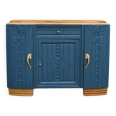 Buffet Art déco ancien rénové bleu et bois – Enfilade vintage 140 cm