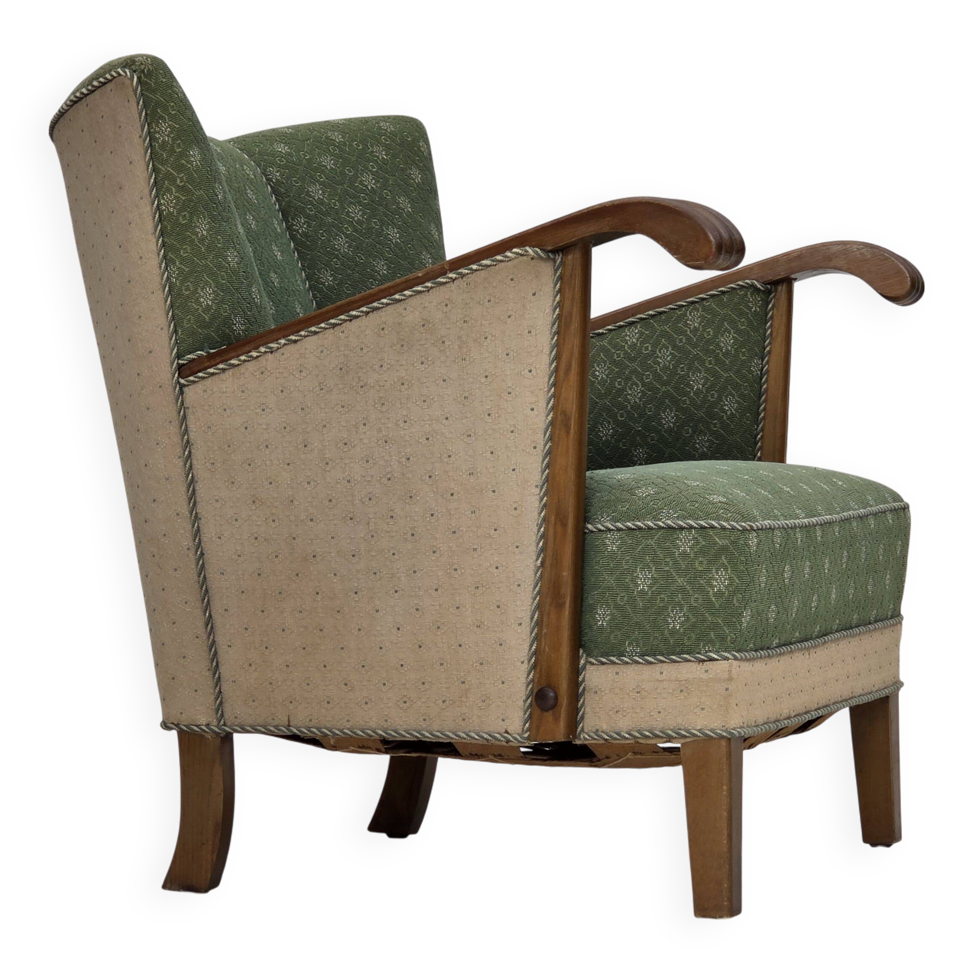 1950s, Danish armchair, original green/beige furniture wool, oak wood.