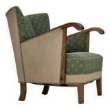 Fauteuil danois des années 1950, mobilier d'origine vert/beige en laine, bois de chêne.