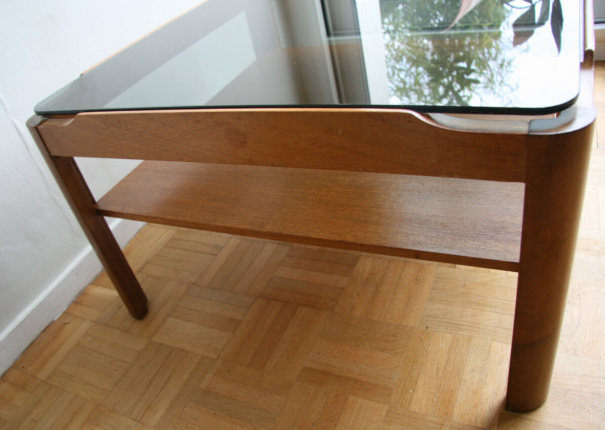 Table basse carrée en teck et verre - 1970