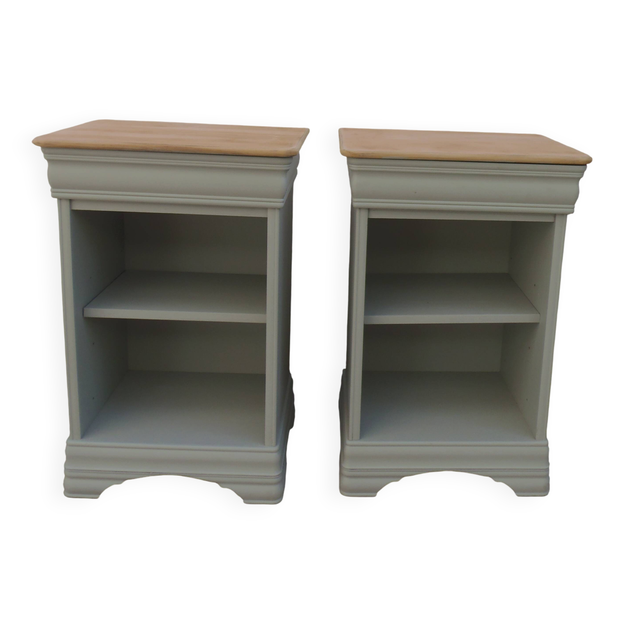 2 Louis Philippe style bedside tables reimagined in grey-green, wooden top.