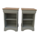 2 Louis Philippe style bedside tables reimagined in grey-green, wooden top.