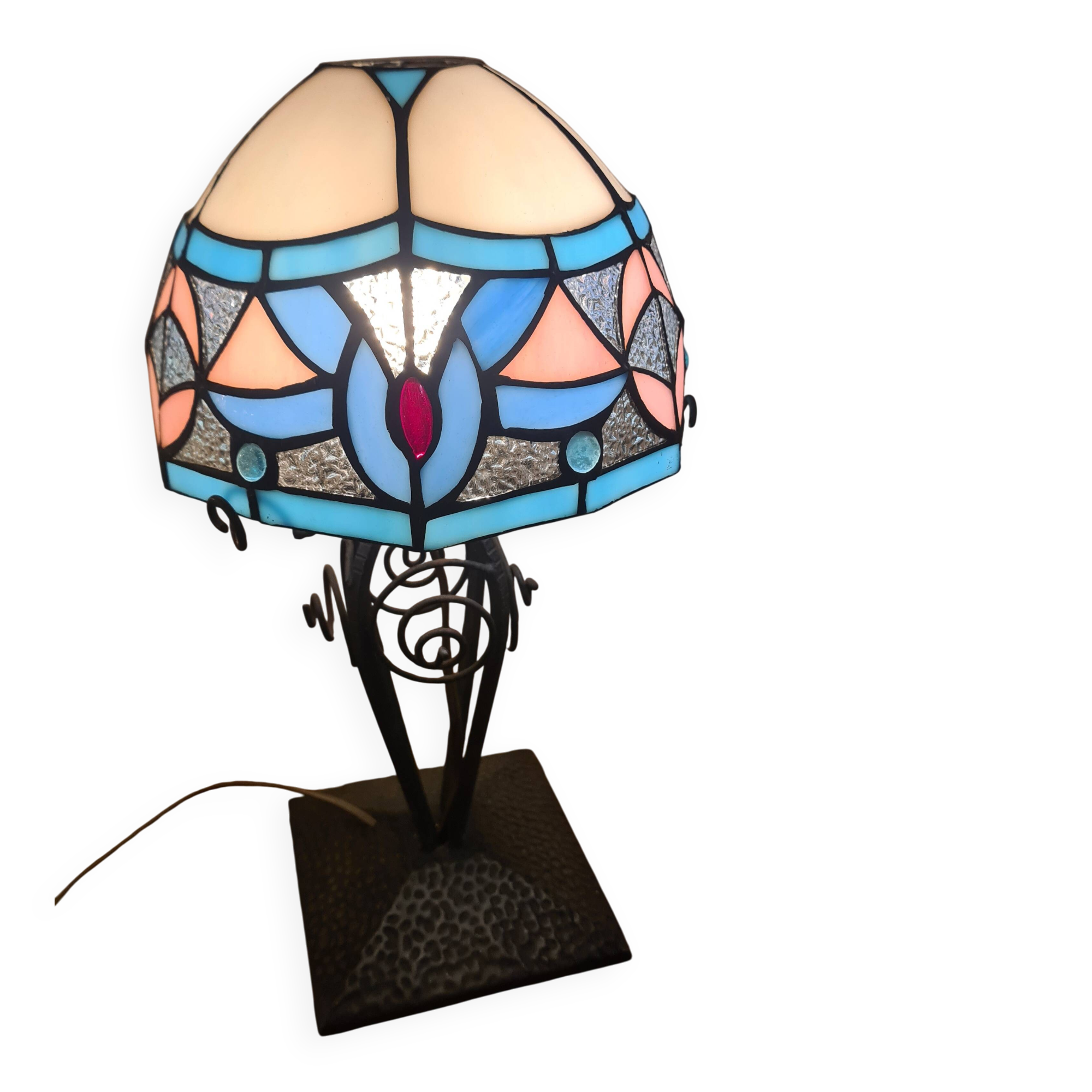 antique wrought iron lamp, 1900 to 1930 with stained glass lampshade soldered with lead