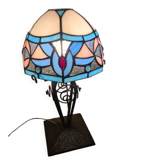 antique wrought iron lamp, 1900 to 1930 with stained glass lampshade soldered with lead