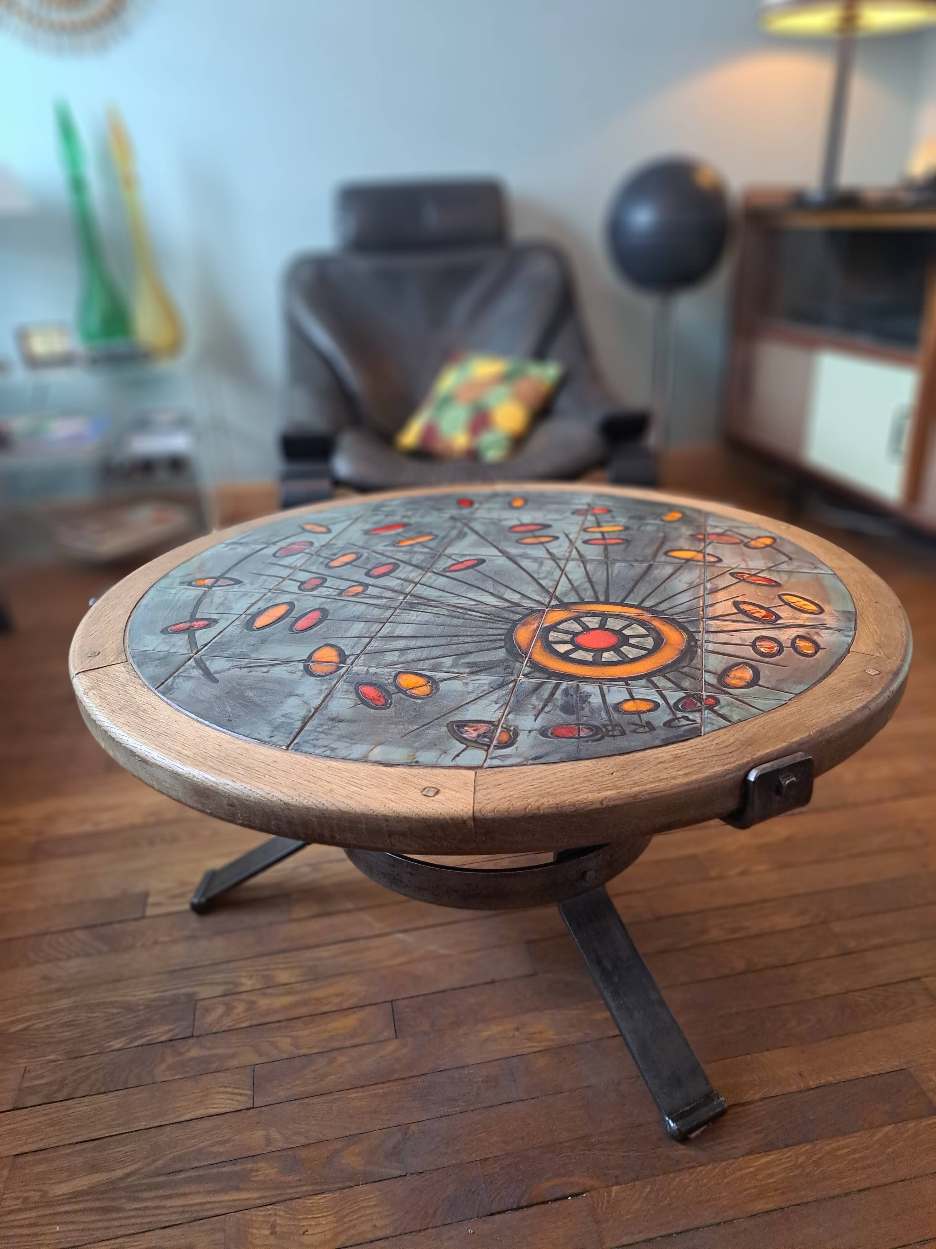 Vallauris coffee table signed drac 1960 wood earthenware steel