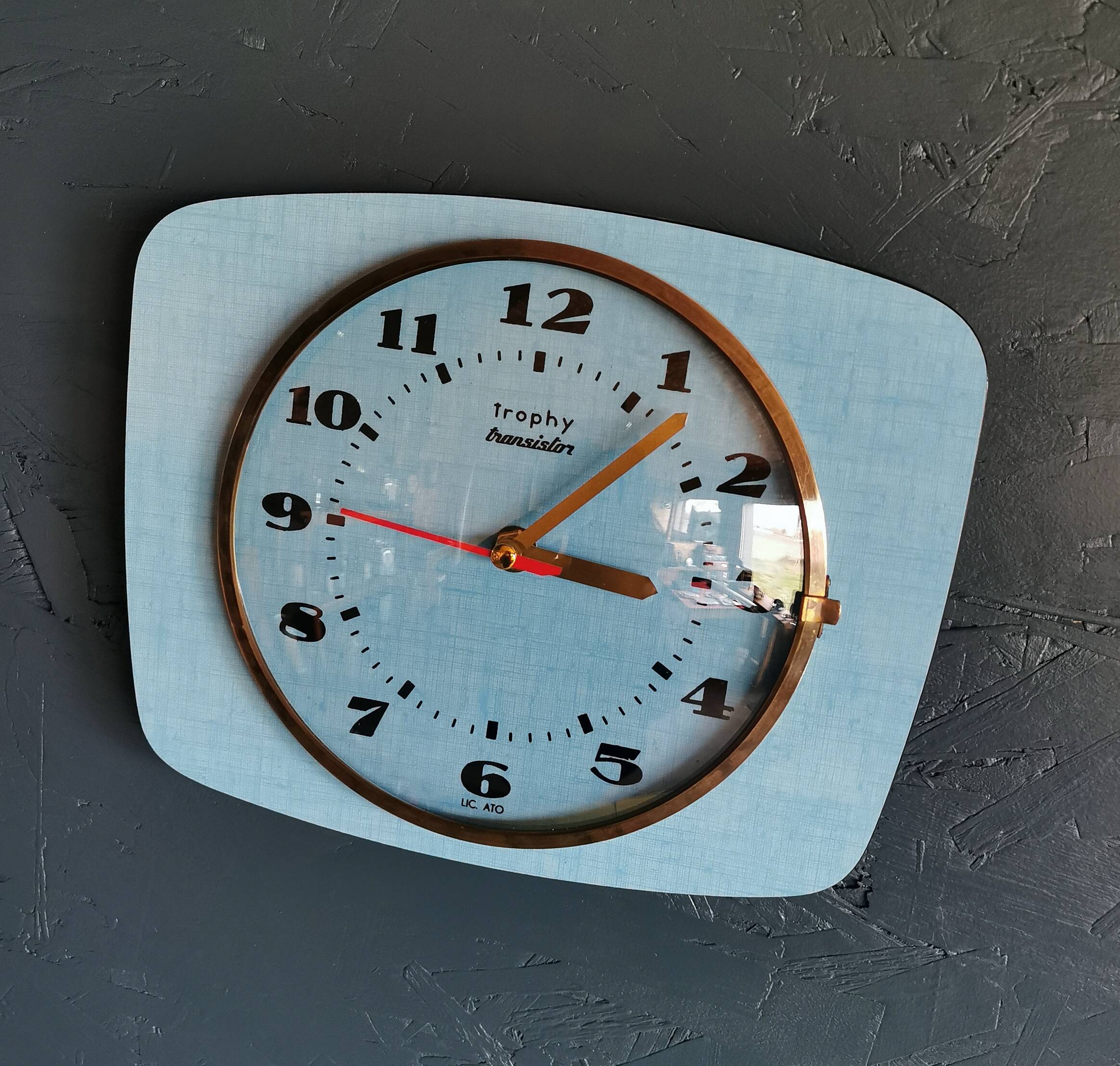 Vintage formica clock rectangular silent wall pendulum "Trophy blue"