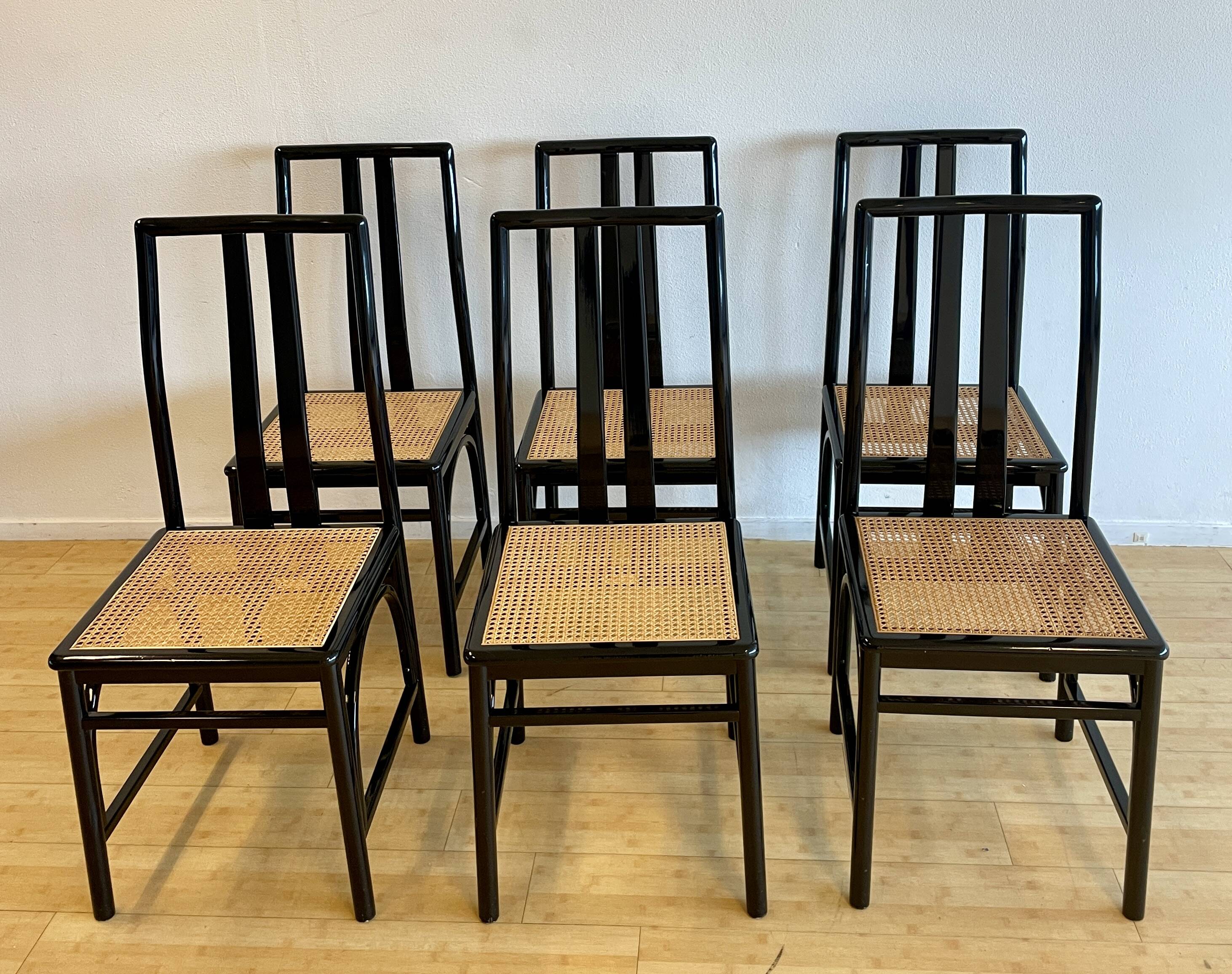 Set of 6 black lacquered and cane chairs by Montina s.p.a.