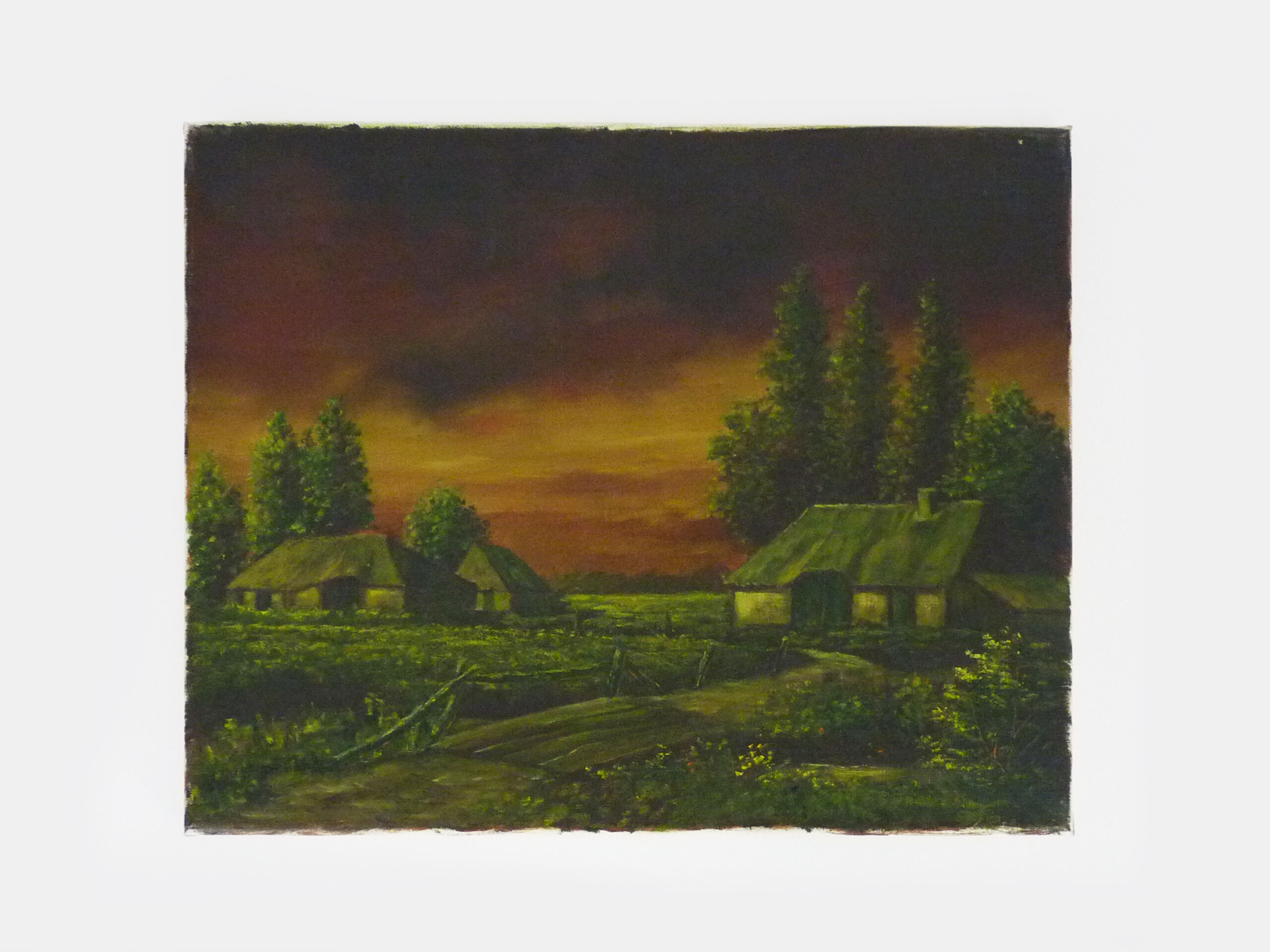 Oil on canvas village by Jan Van Dooren, sunset. Signed. Seventies