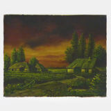 Oil on canvas village by Jan Van Dooren, sunset. Signed. Seventies