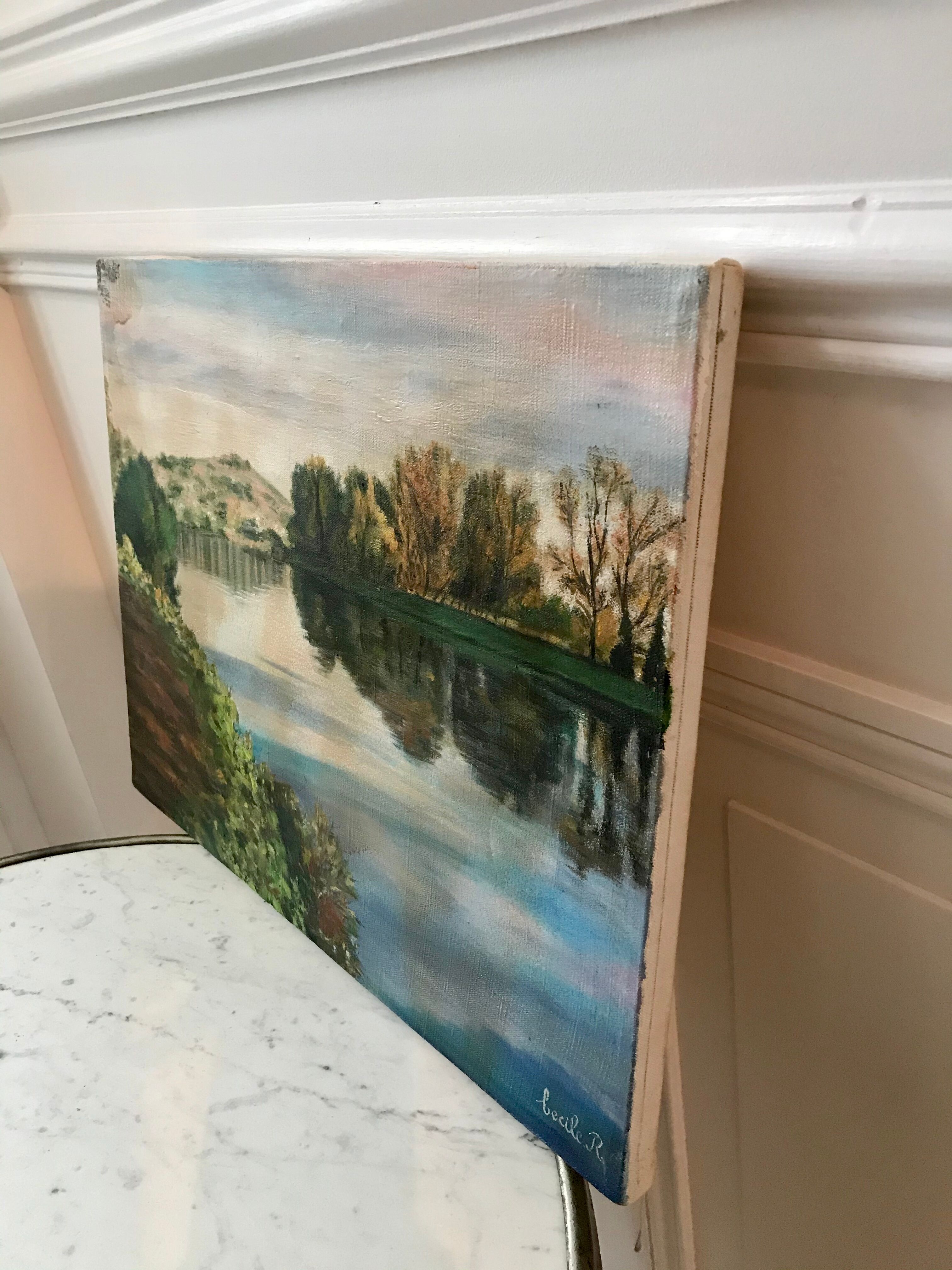 Oil painting on canvas winter landscape and lake signed vintage