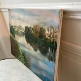 Oil painting on canvas winter landscape and lake signed vintage