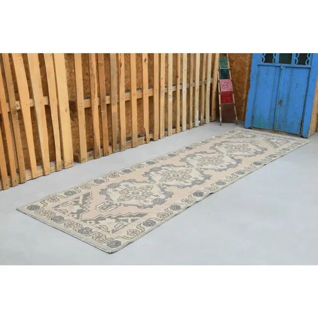 1970s vintage Turkish hand-knotted wool cotton beige runner rug 93x301