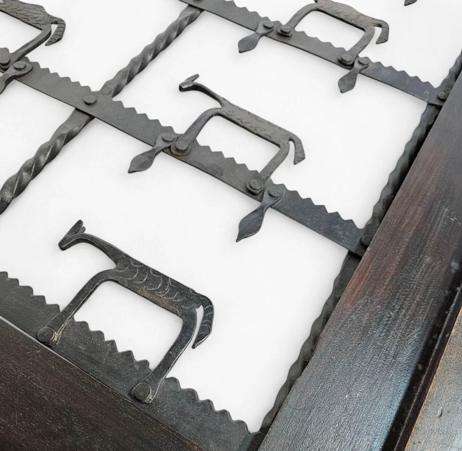 French brutalist coffee table, forged wrought iron, shepherd with dog and his herd, 1970s, transparent glass top