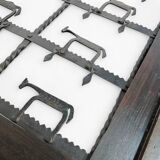 French brutalist coffee table, forged wrought iron, shepherd with dog and his herd, 1970s, transparent glass top