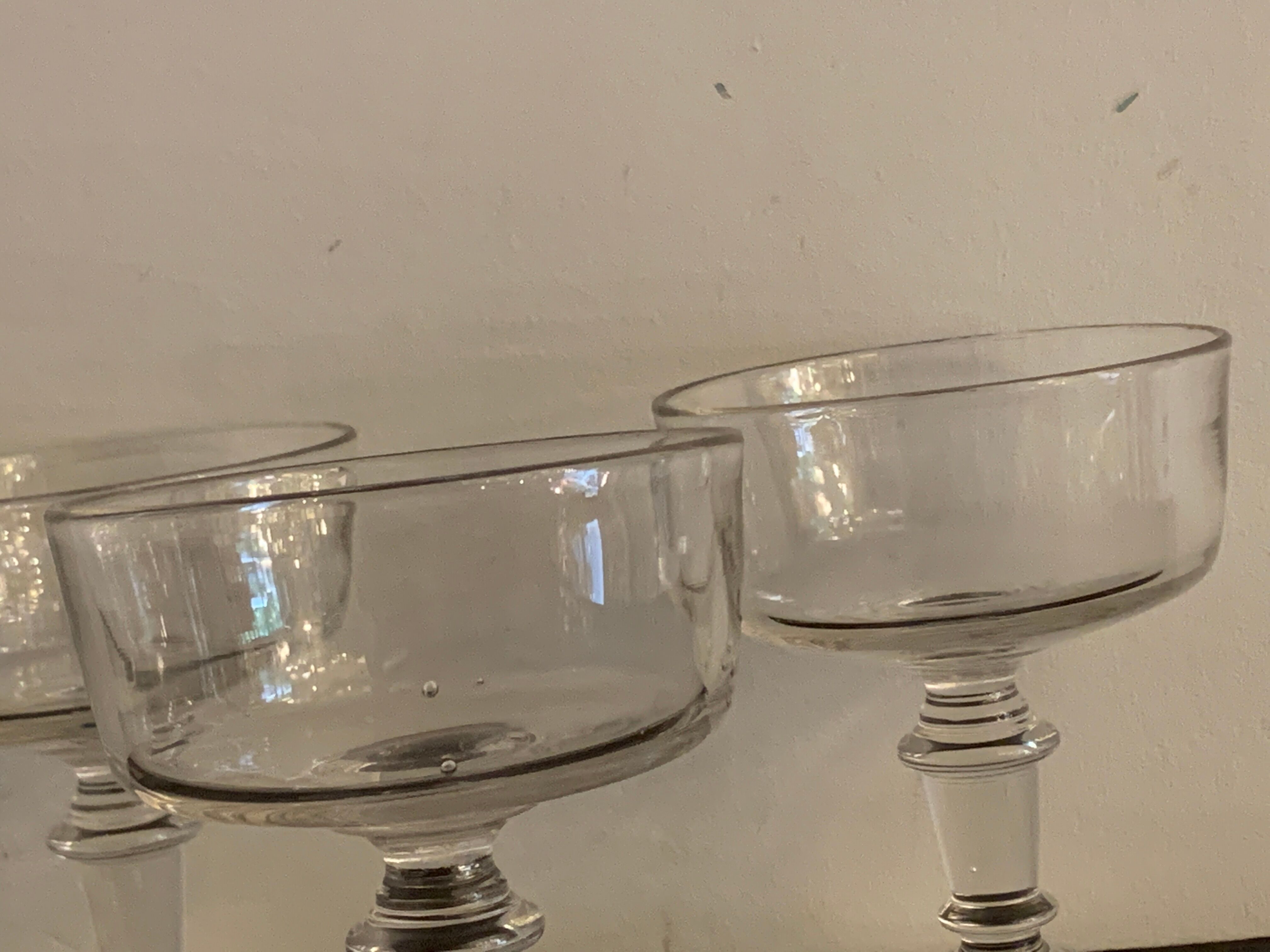 3 old champagne cups in blown and bubbled glass