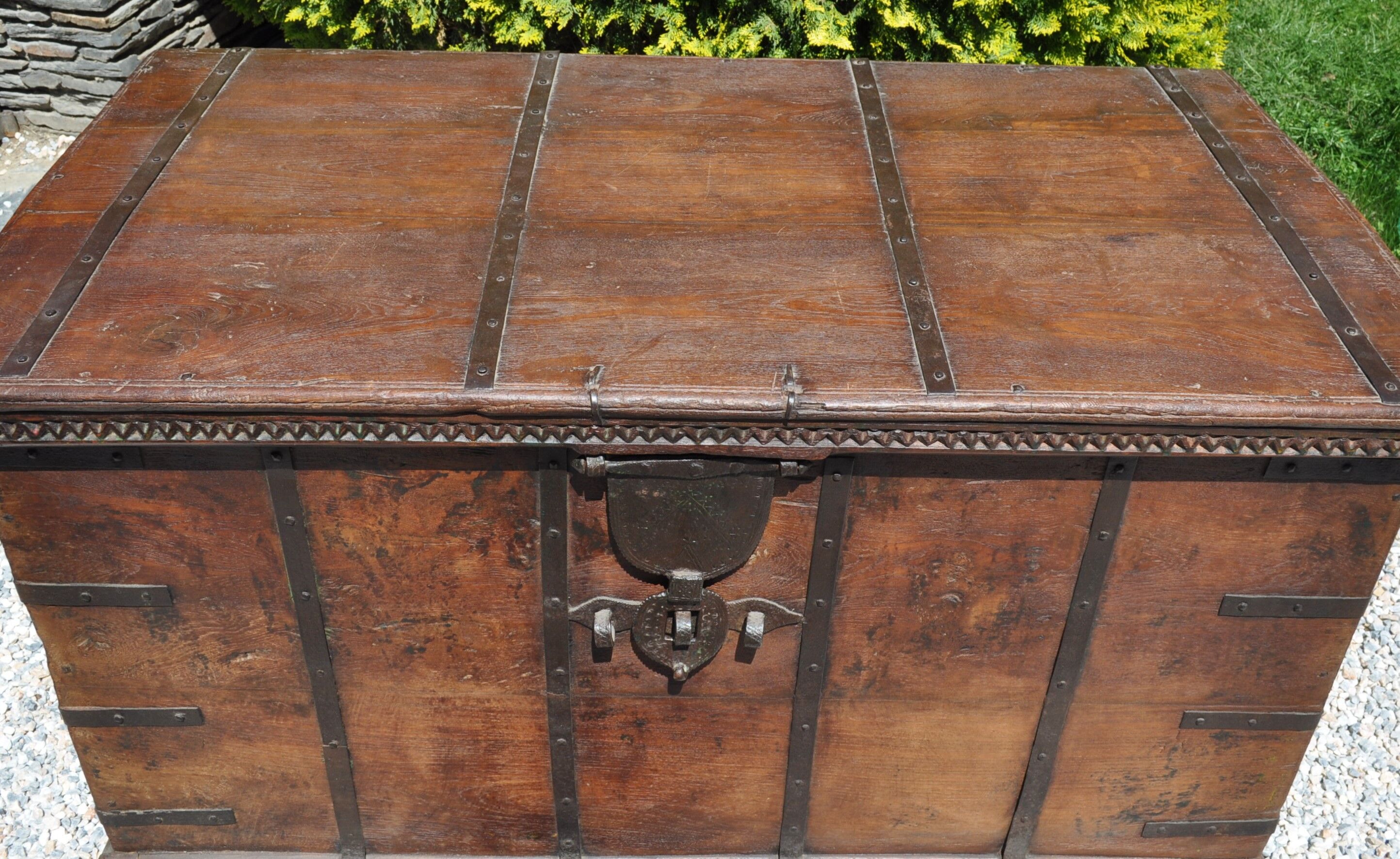 Wooden chest on wheels & wrought iron fittings - nineteenth century