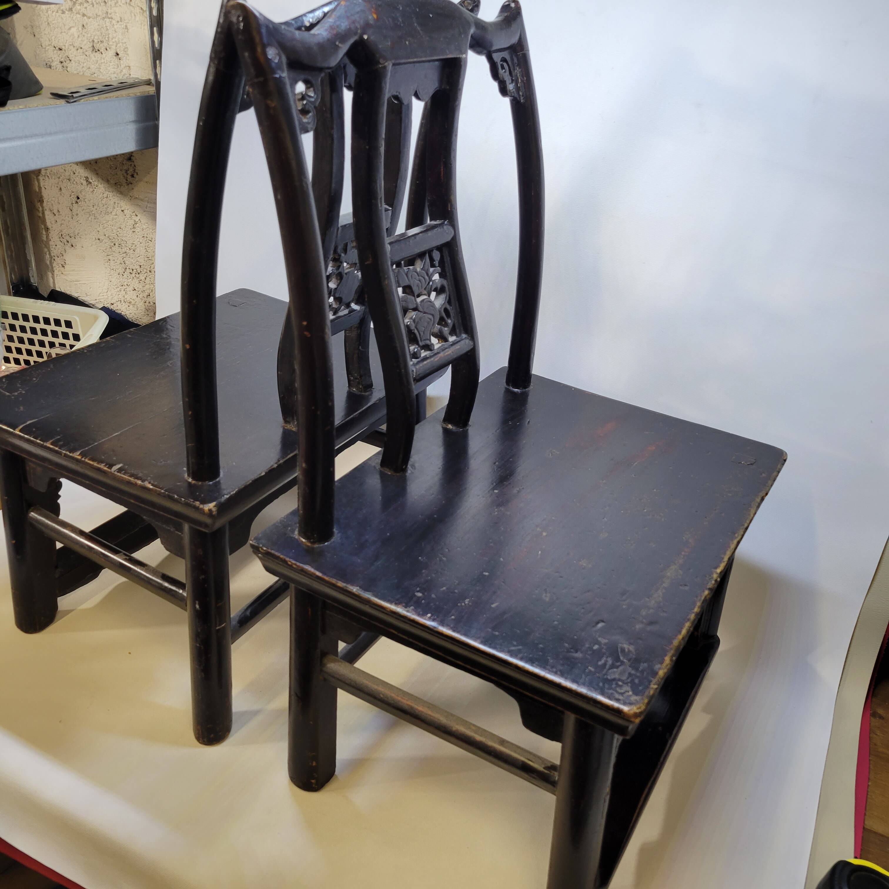 Pair of old chairs armchairs 19th century Chinese stools in black lacquered wood