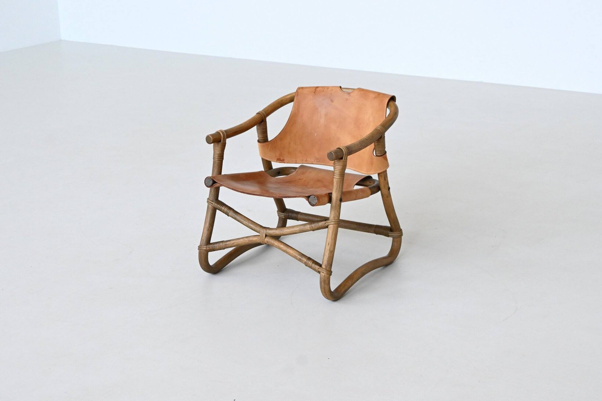 Espri safari chair in cognac leather and bamboo IKEA Sweden 1970